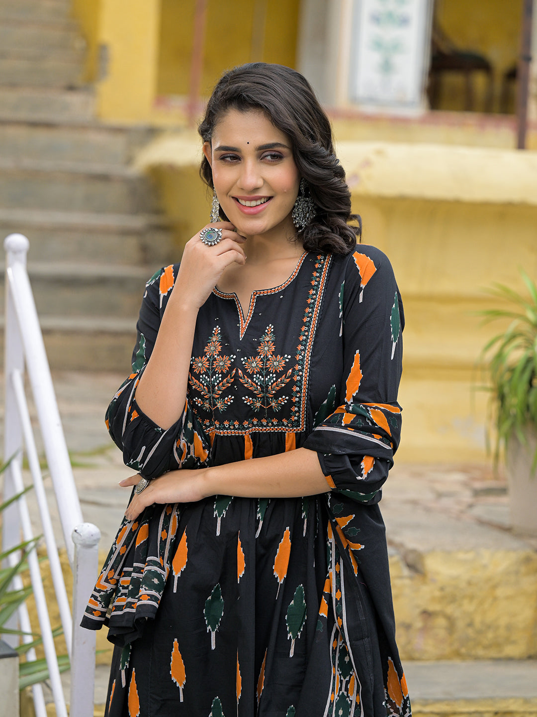 Noe Velarro Black Cotton Embroidery Kurta Pant Set with Dupatta