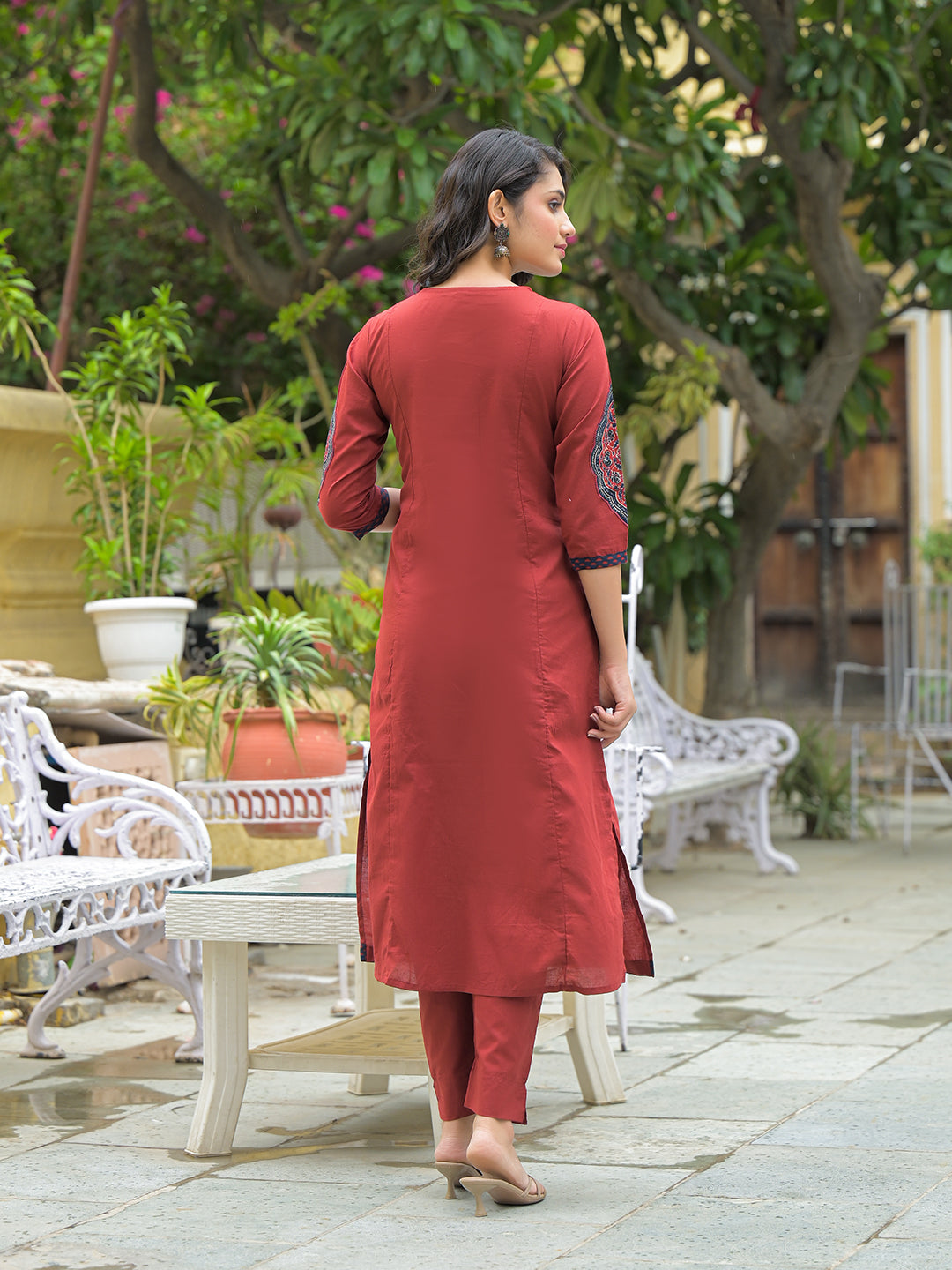 Noe Velarro Maroon Cotton Round neck Yoke work kurta Pant Set With Dupatta