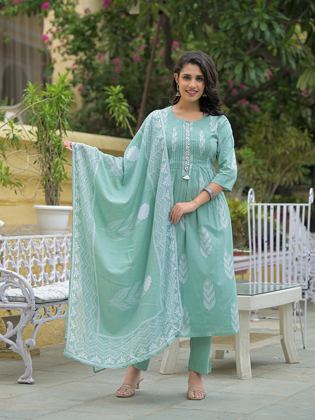 Noe Velarro Teal Green Cotton Pintuck Design Kurta pant set with Dupatta