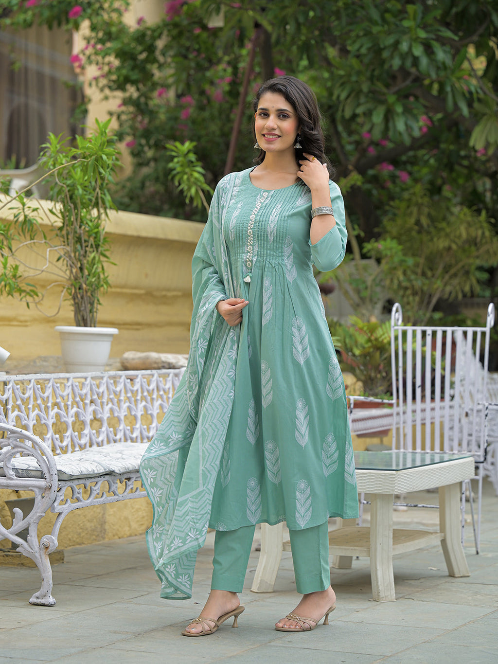 Noe Velarro Teal Green Cotton Pintuck Design Kurta pant set with Dupatta