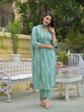 Noe Velarro Teal Green Cotton Pintuck Design Kurta pant set with Dupatta
