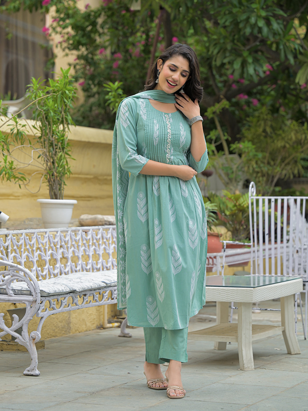 Noe Velarro Teal Green Cotton Pintuck Design Kurta pant set with Dupatta