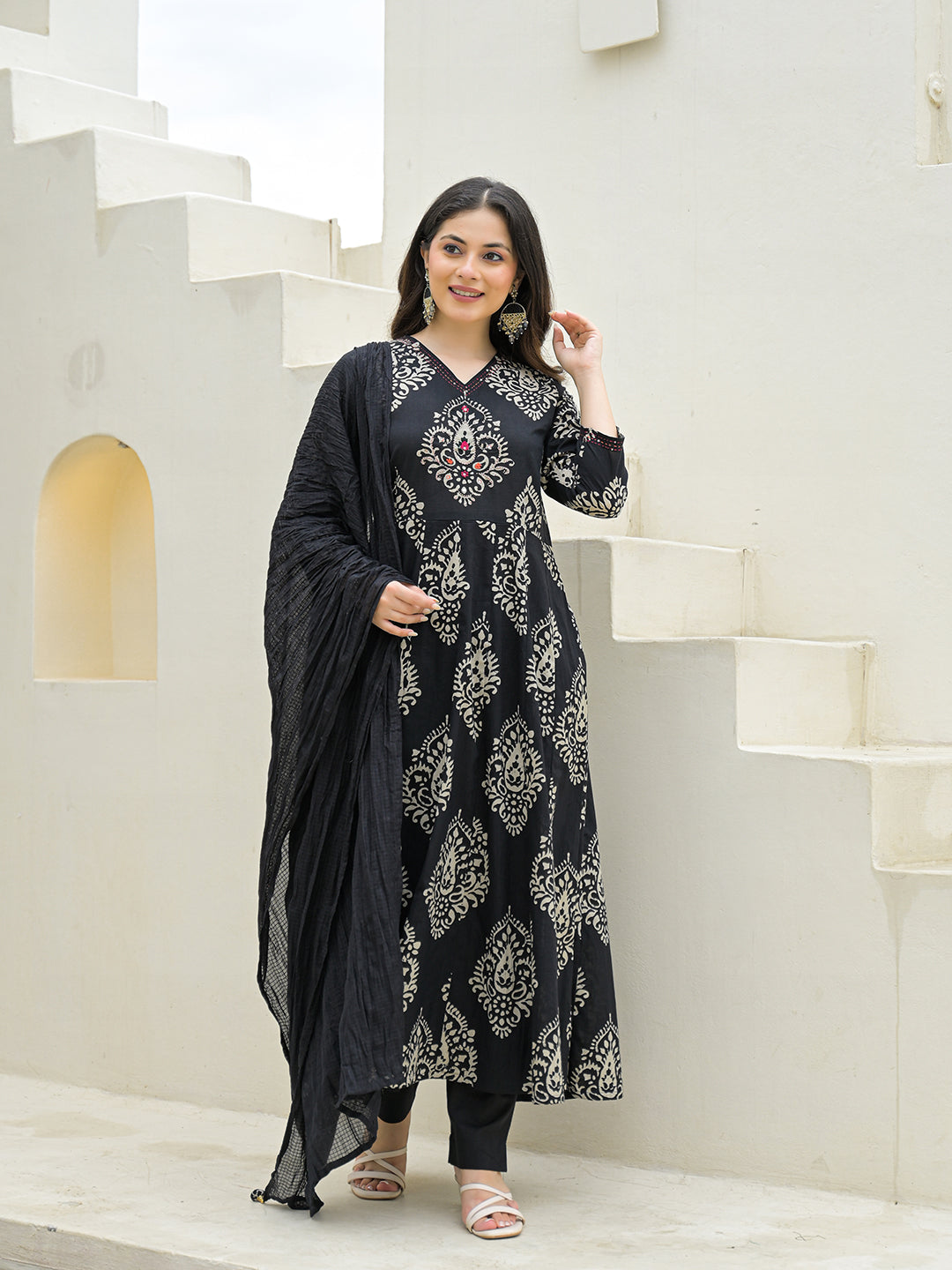 Noe Velarro Black Cotton Anarkali kurta Pant Set with Dupatta