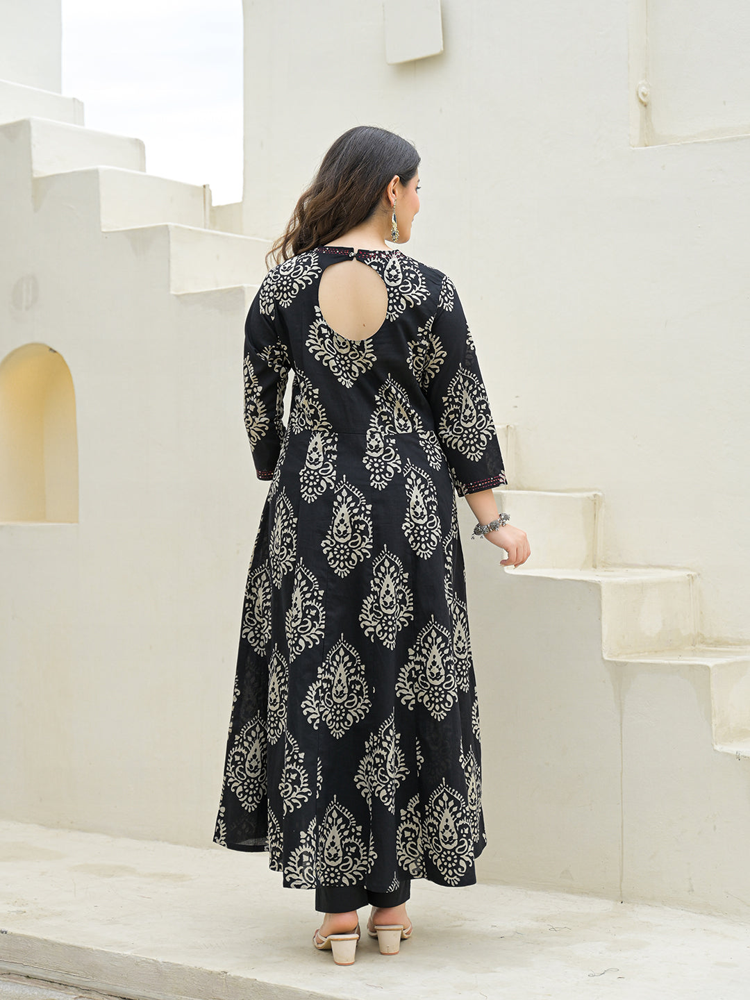 Noe Velarro Black Cotton Anarkali kurta Pant Set with Dupatta