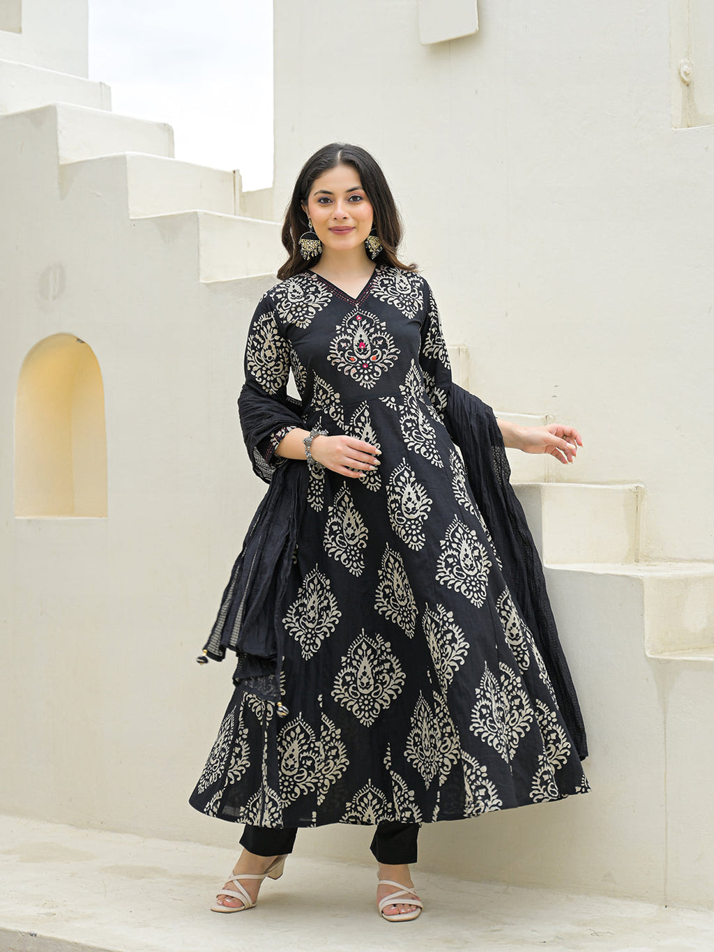 Noe Velarro Black Cotton Anarkali kurta Pant Set with Dupatta