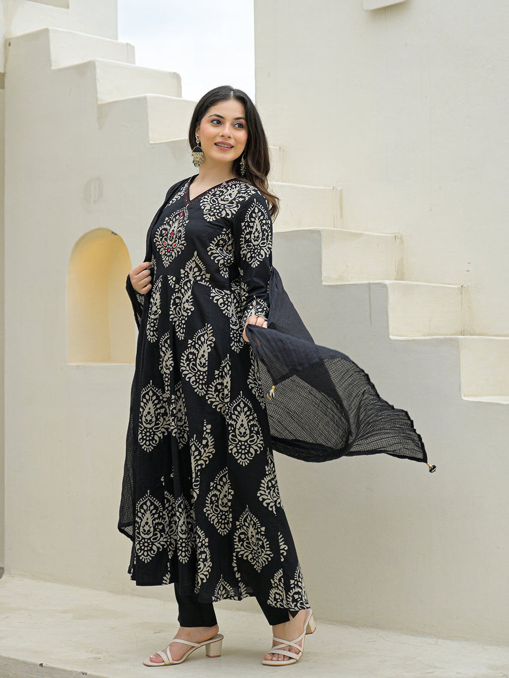 Noe Velarro Black Cotton Anarkali kurta Pant Set with Dupatta