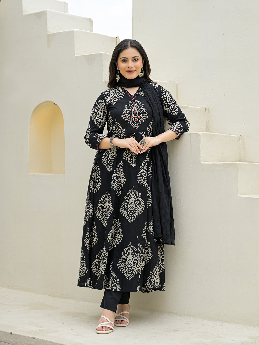 Noe Velarro Black Cotton Anarkali kurta Pant Set with Dupatta