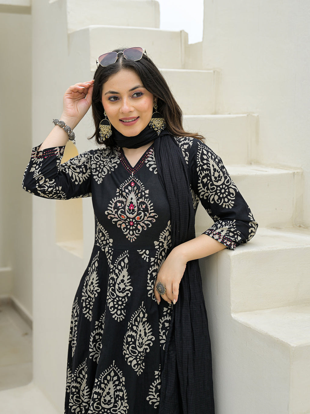 Noe Velarro Black Cotton Anarkali kurta Pant Set with Dupatta