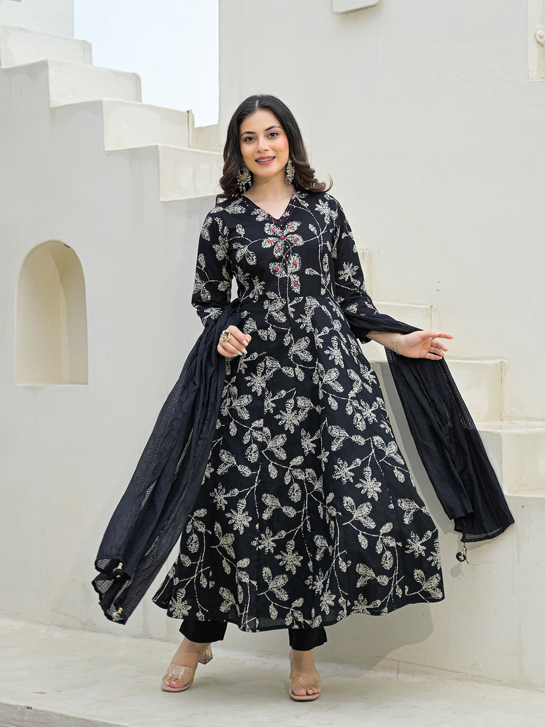 Noe Velarro Black Cotton Anarkali kurta Pant Set with Dupatta