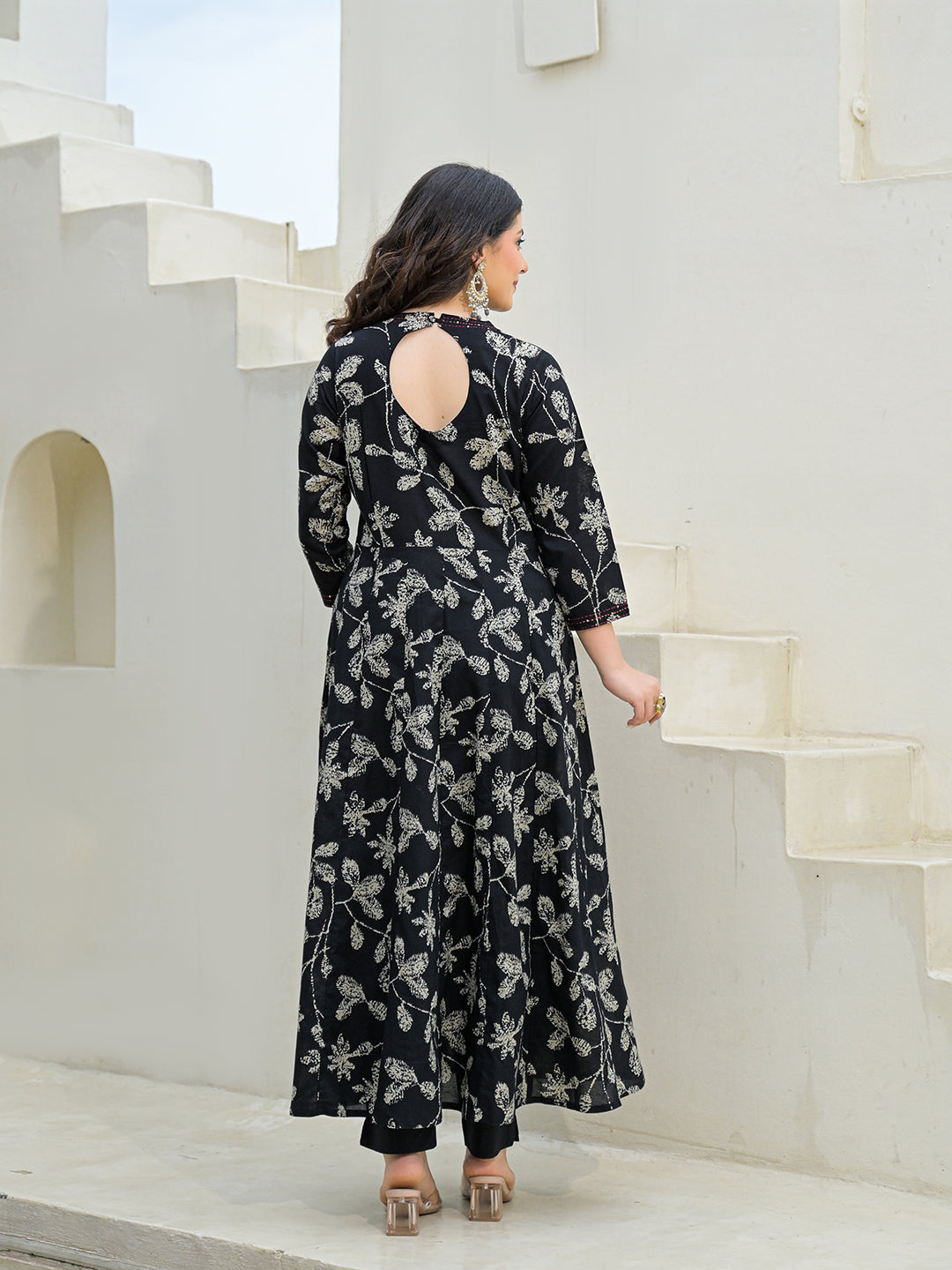 Noe Velarro Black Cotton Anarkali kurta Pant Set with Dupatta