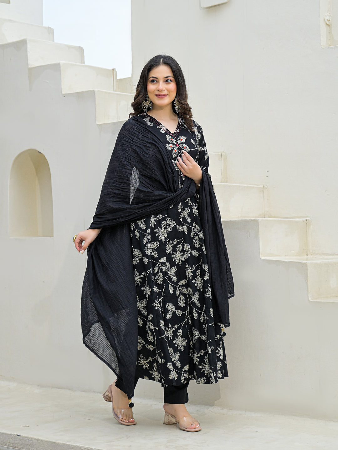 Noe Velarro Black Cotton Anarkali kurta Pant Set with Dupatta