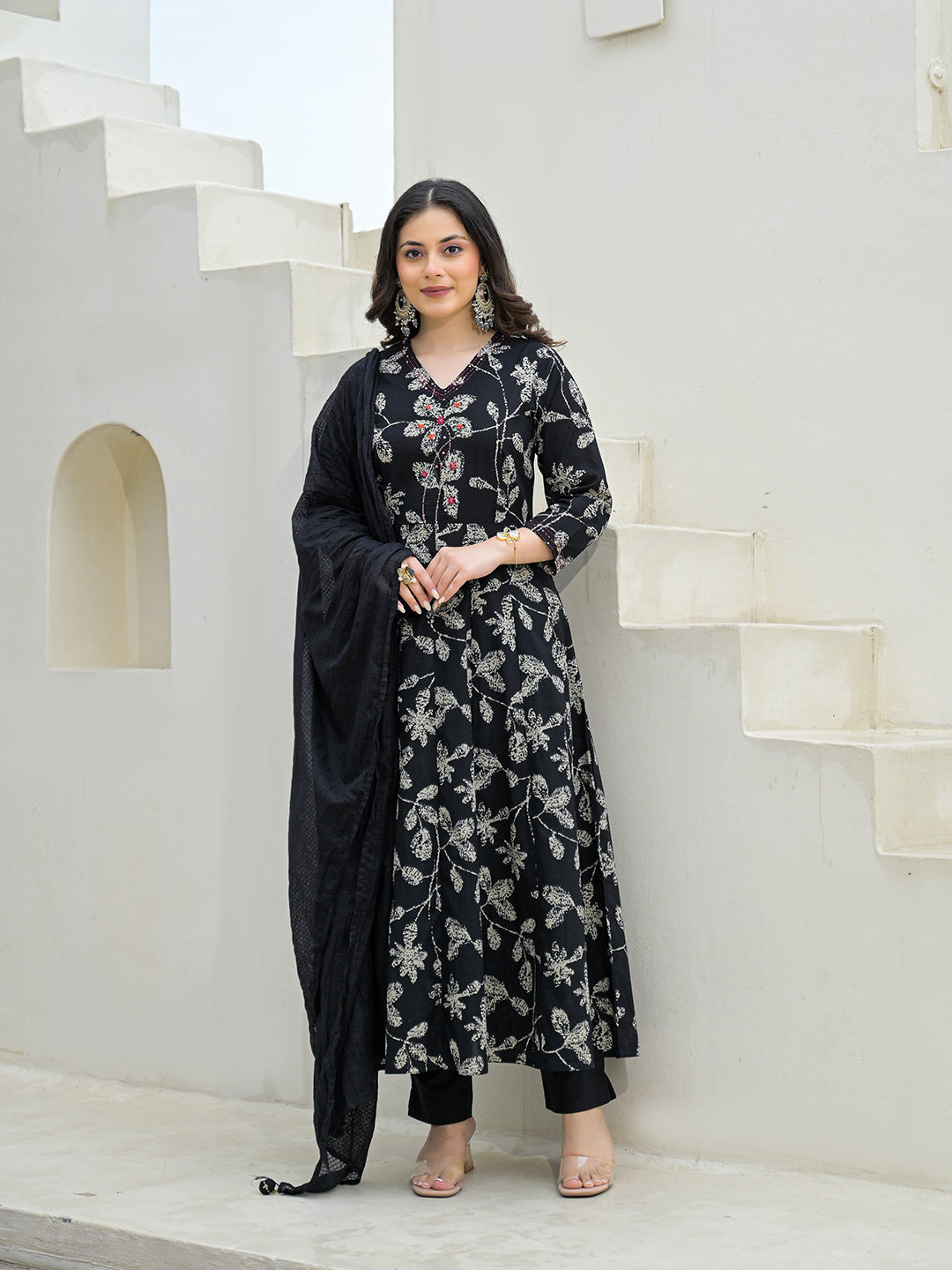Noe Velarro Black Cotton Anarkali kurta Pant Set with Dupatta