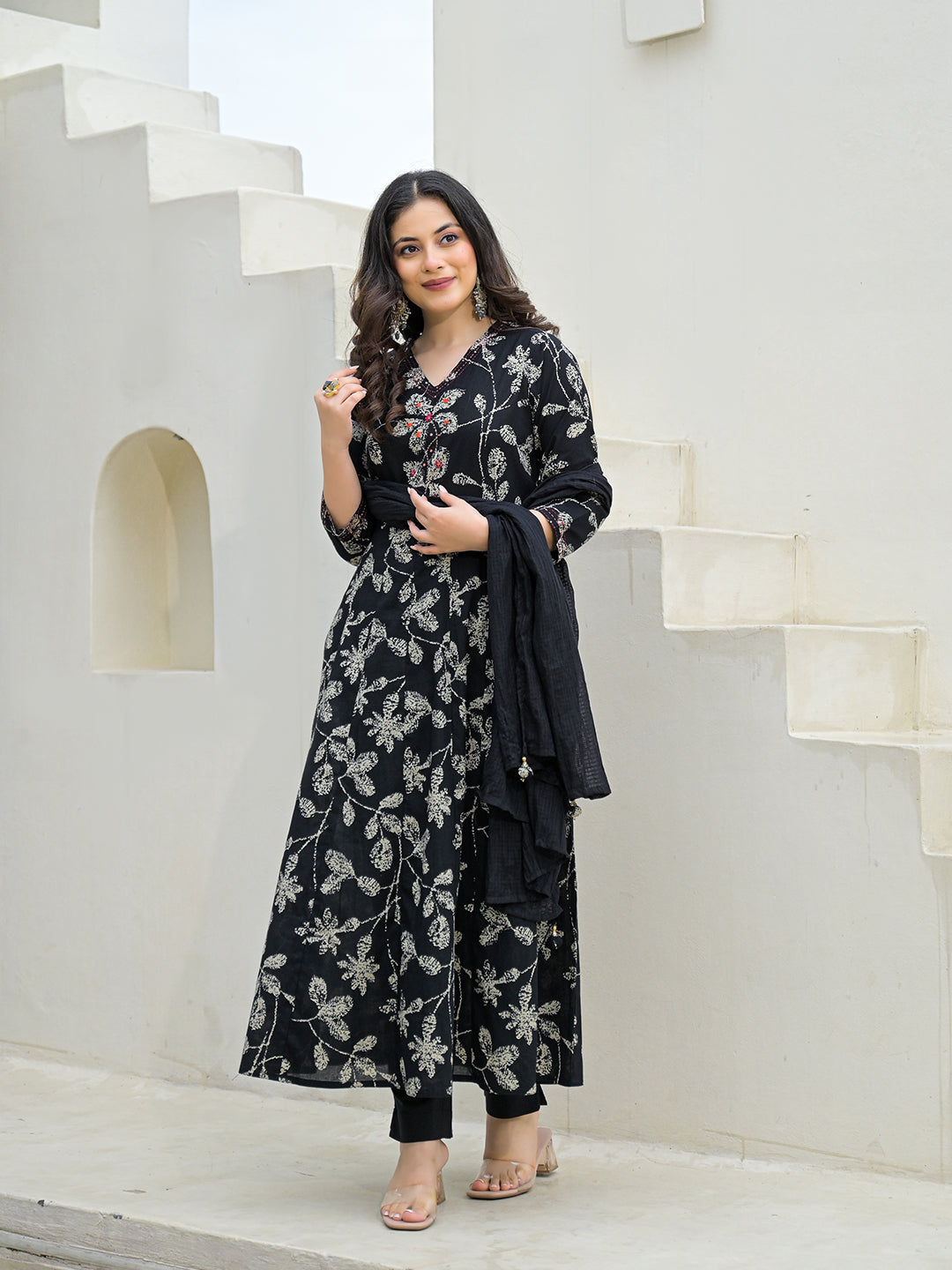 Noe Velarro Black Cotton Anarkali kurta Pant Set with Dupatta