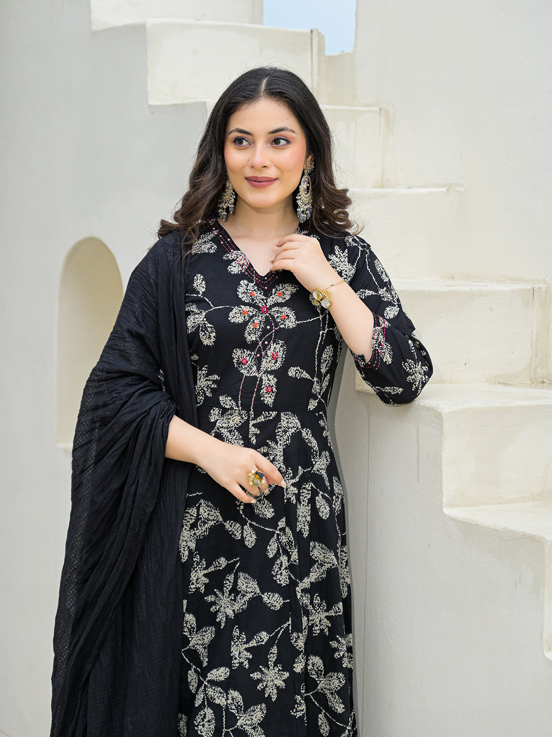 Noe Velarro Black Cotton Anarkali kurta Pant Set with Dupatta
