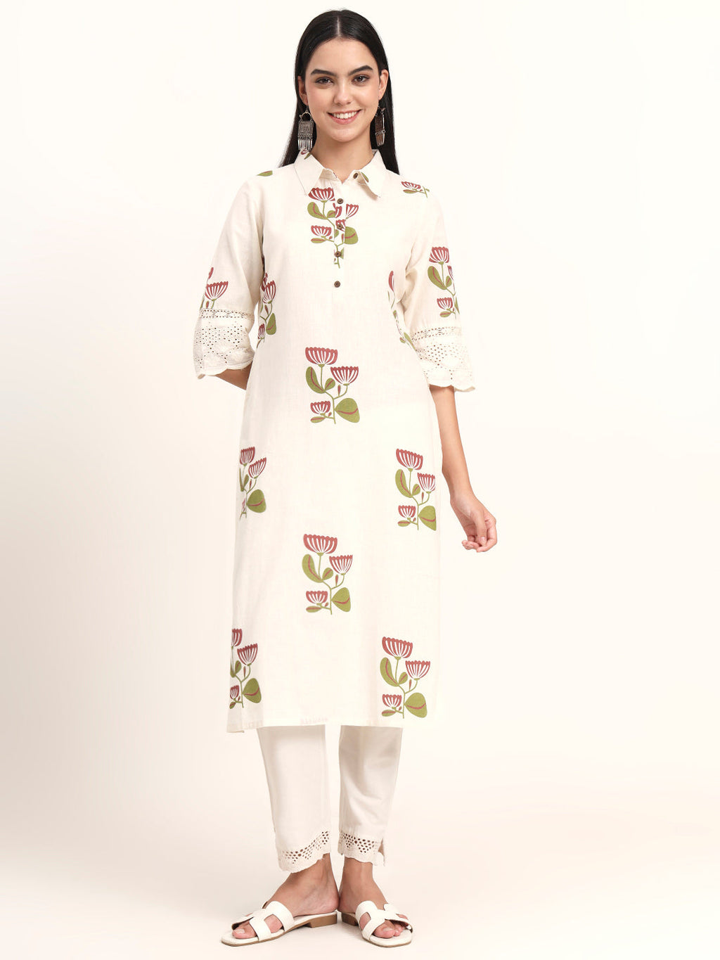 Noe Velarro Off White Floral Cotton A-Line Kurta