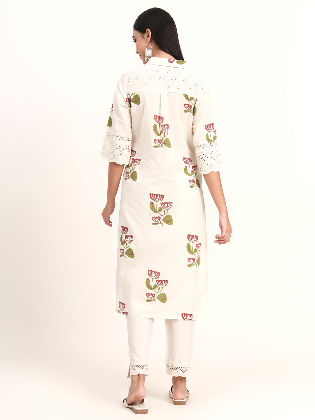 Noe Velarro Off White Floral Cotton A-Line Kurta