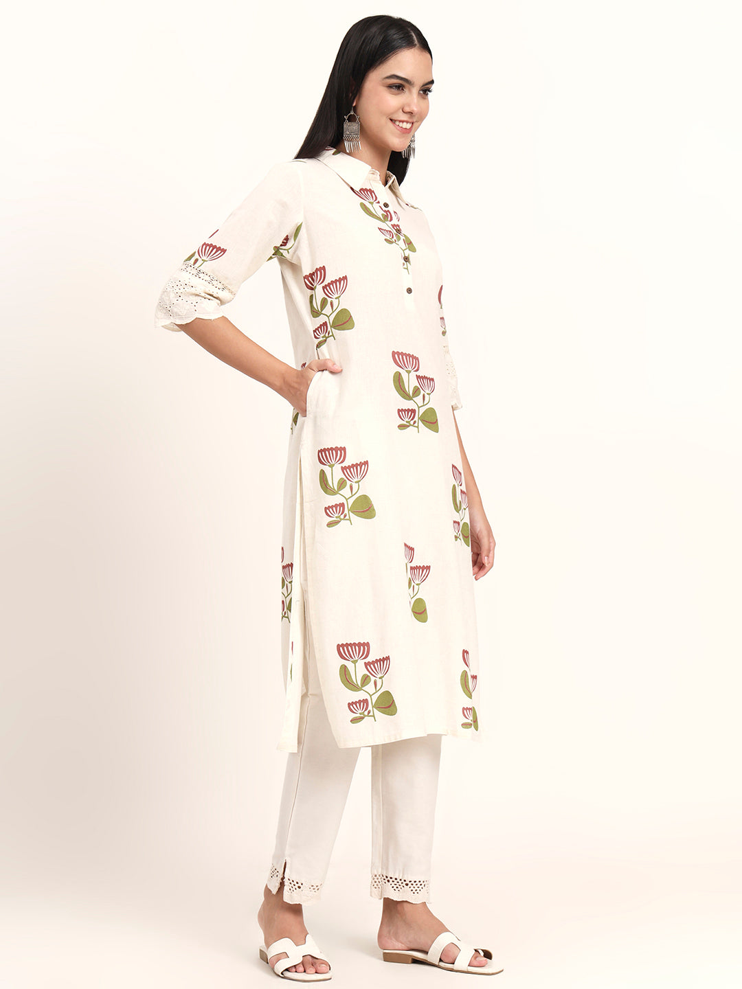 Noe Velarro Off White Floral Cotton A-Line Kurta