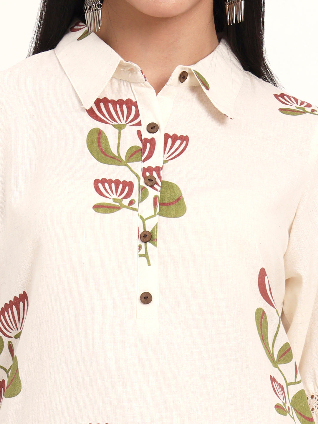 Noe Velarro Off White Floral Cotton A-Line Kurta