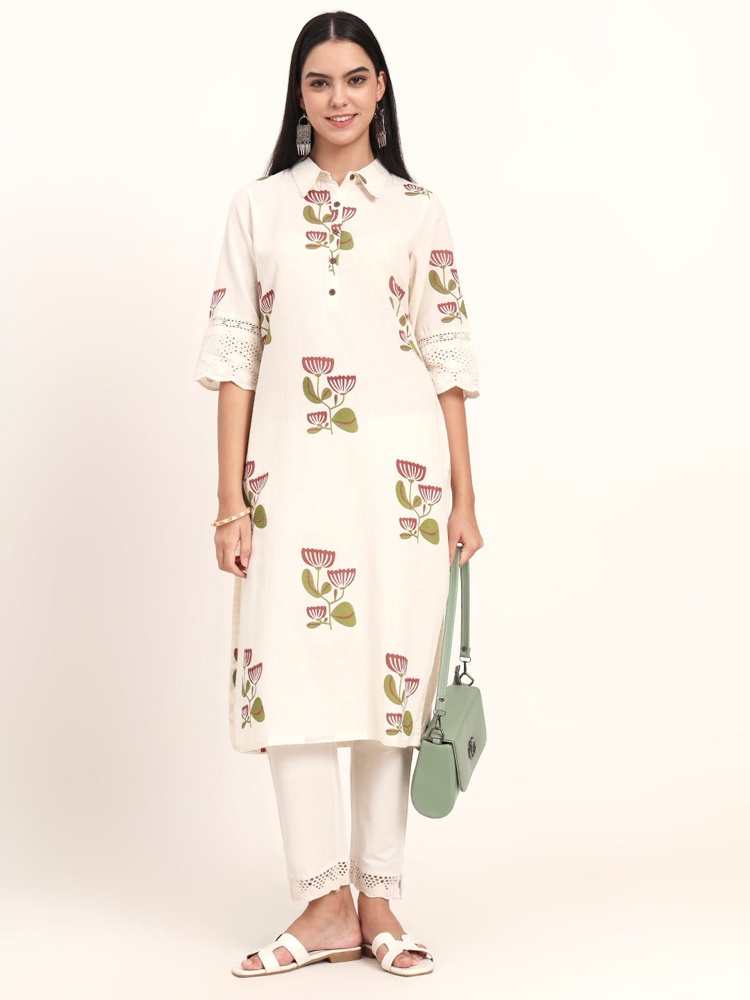 Noe Velarro Off White Floral Cotton A-Line Kurta