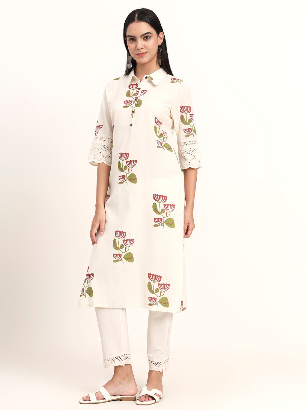 Noe Velarro Off White Floral Cotton A-Line Kurta