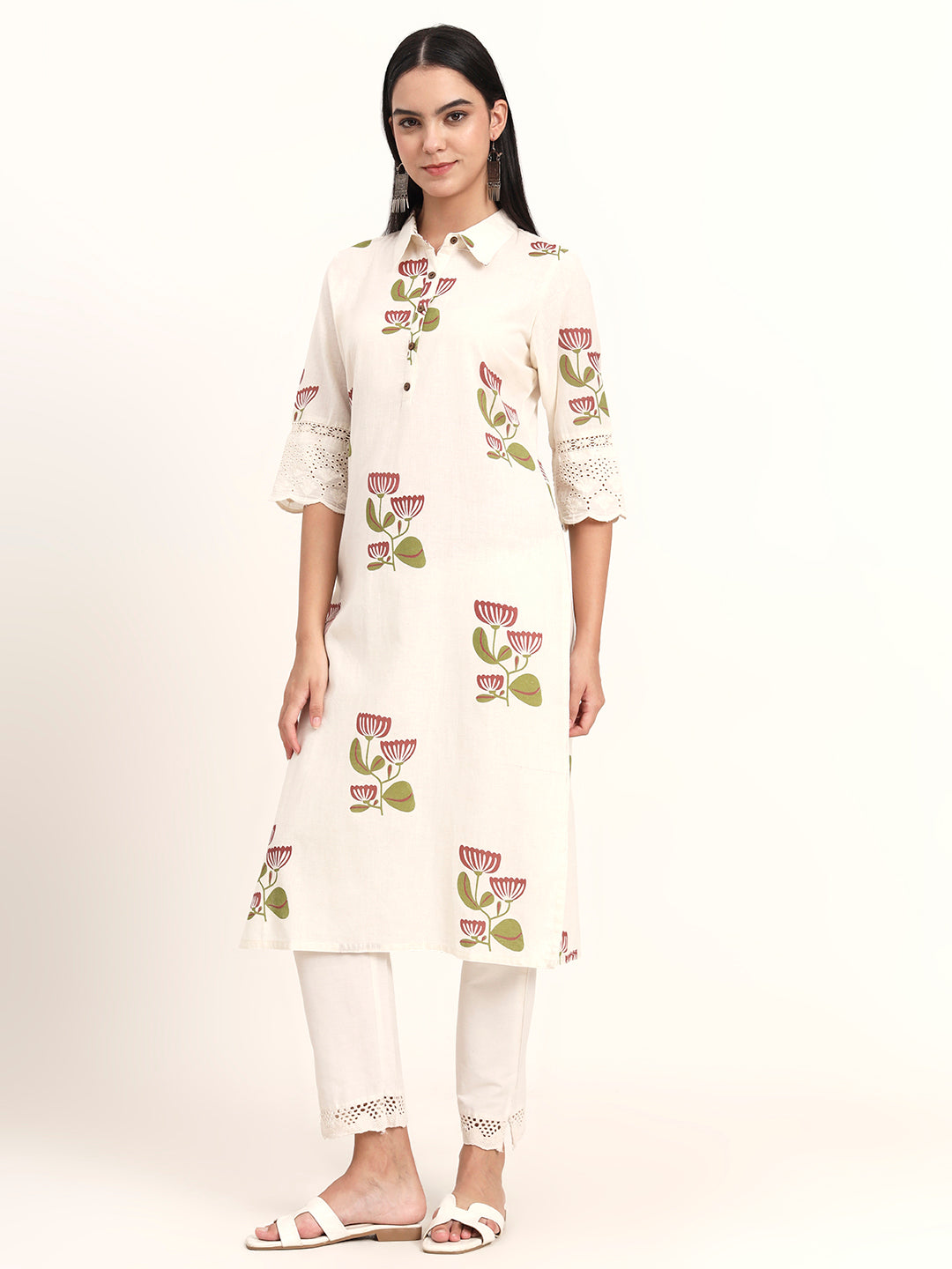 Noe Velarro Off White Floral Cotton A-Line Kurta