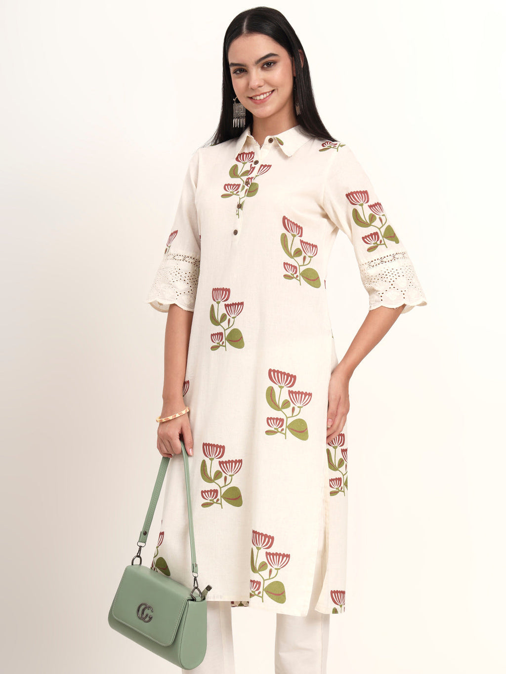 Noe Velarro Off White Floral Cotton A-Line Kurta