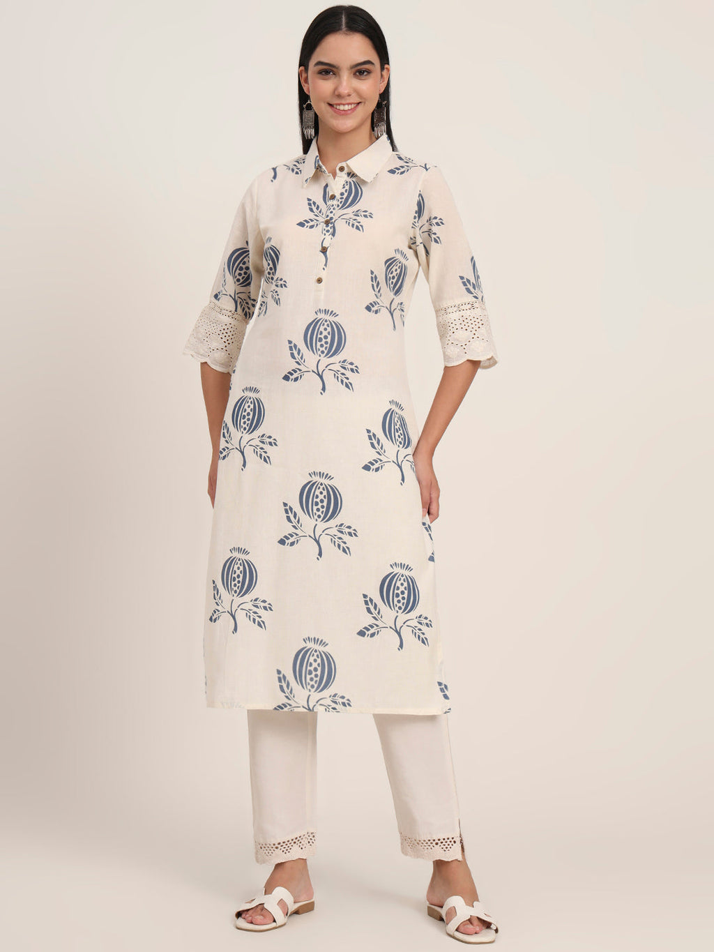 Noe Velarro Off White Floral Cotton A-Line Kurta