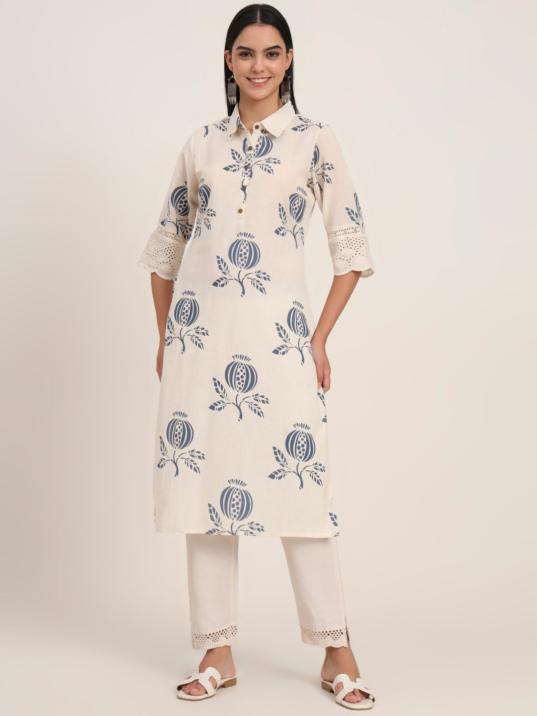 Noe Velarro Off White Floral Cotton A-Line Kurta