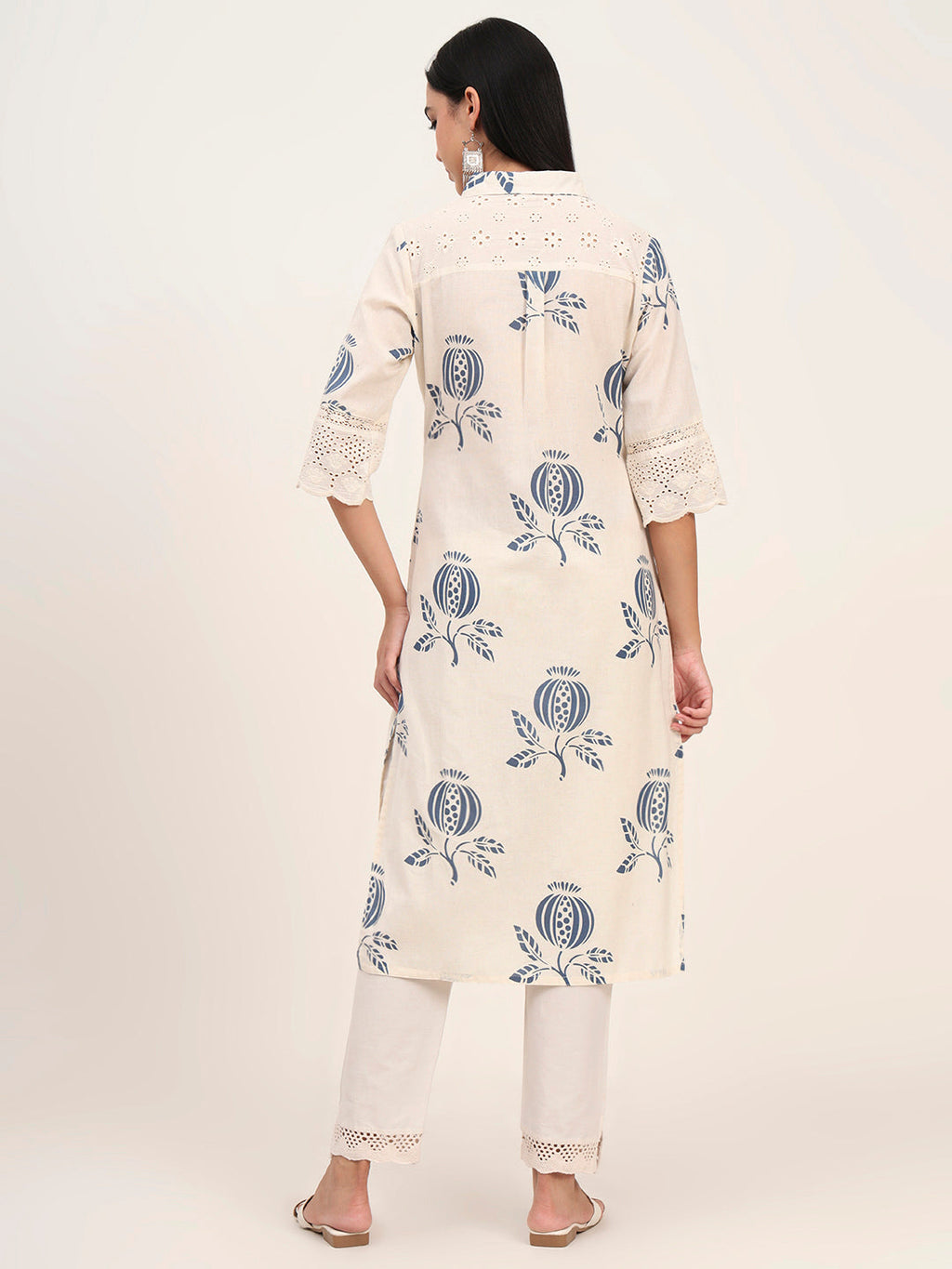 Noe Velarro Off White Floral Cotton A-Line Kurta