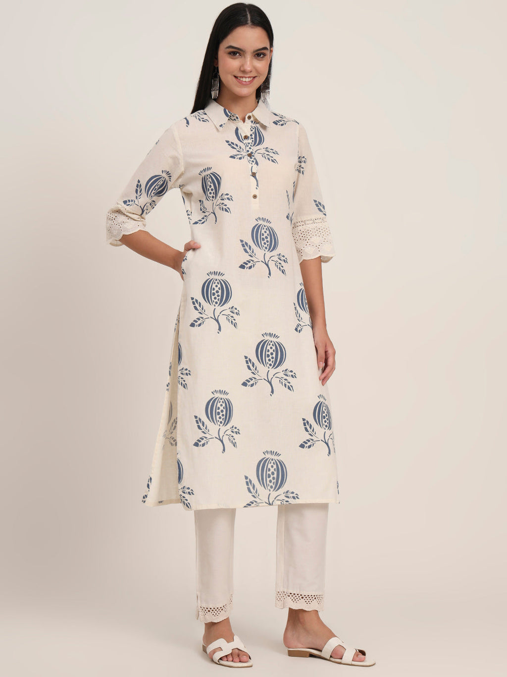 Noe Velarro Off White Floral Cotton A-Line Kurta