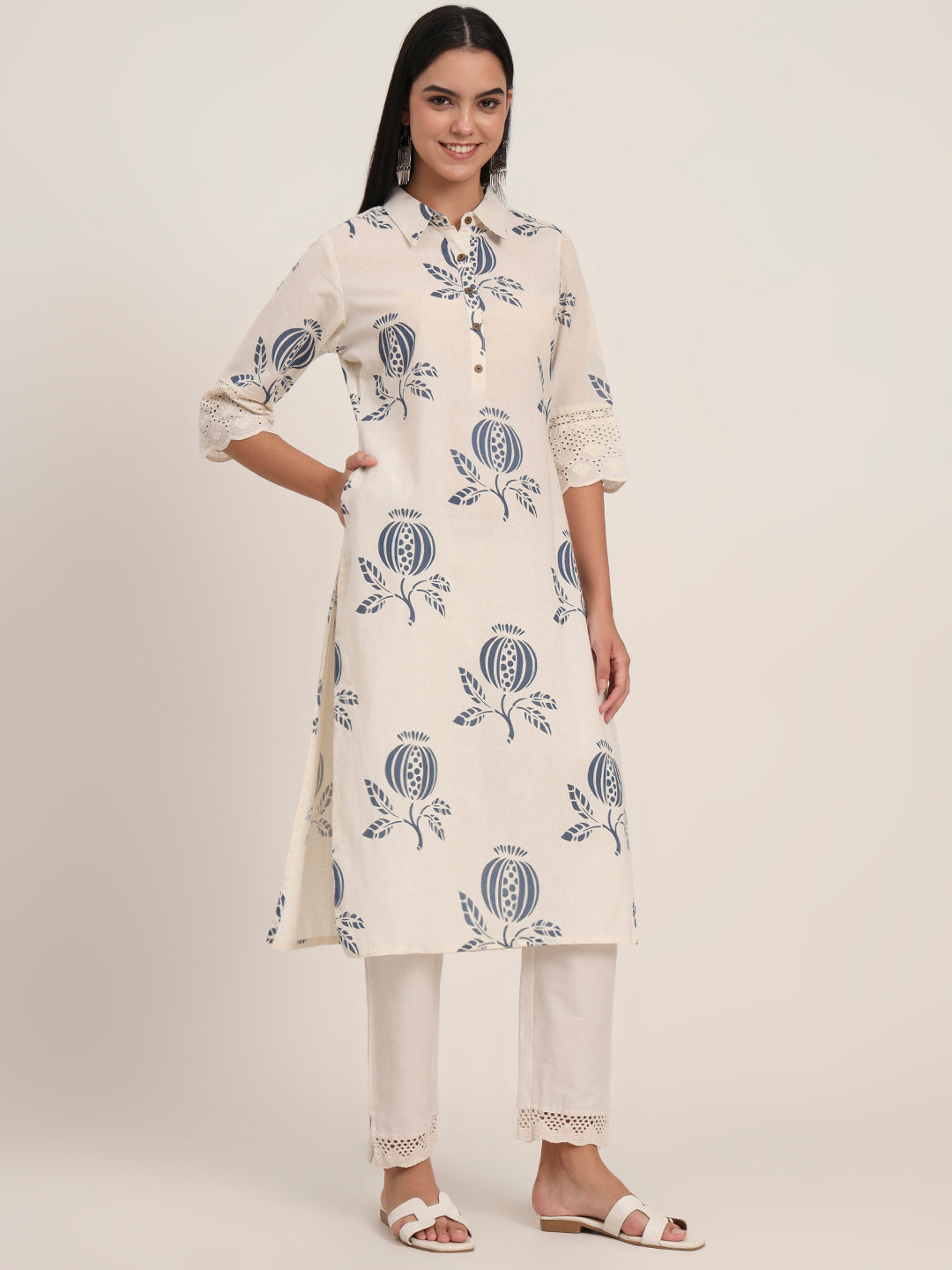 Noe Velarro Off White Floral Cotton A-Line Kurta