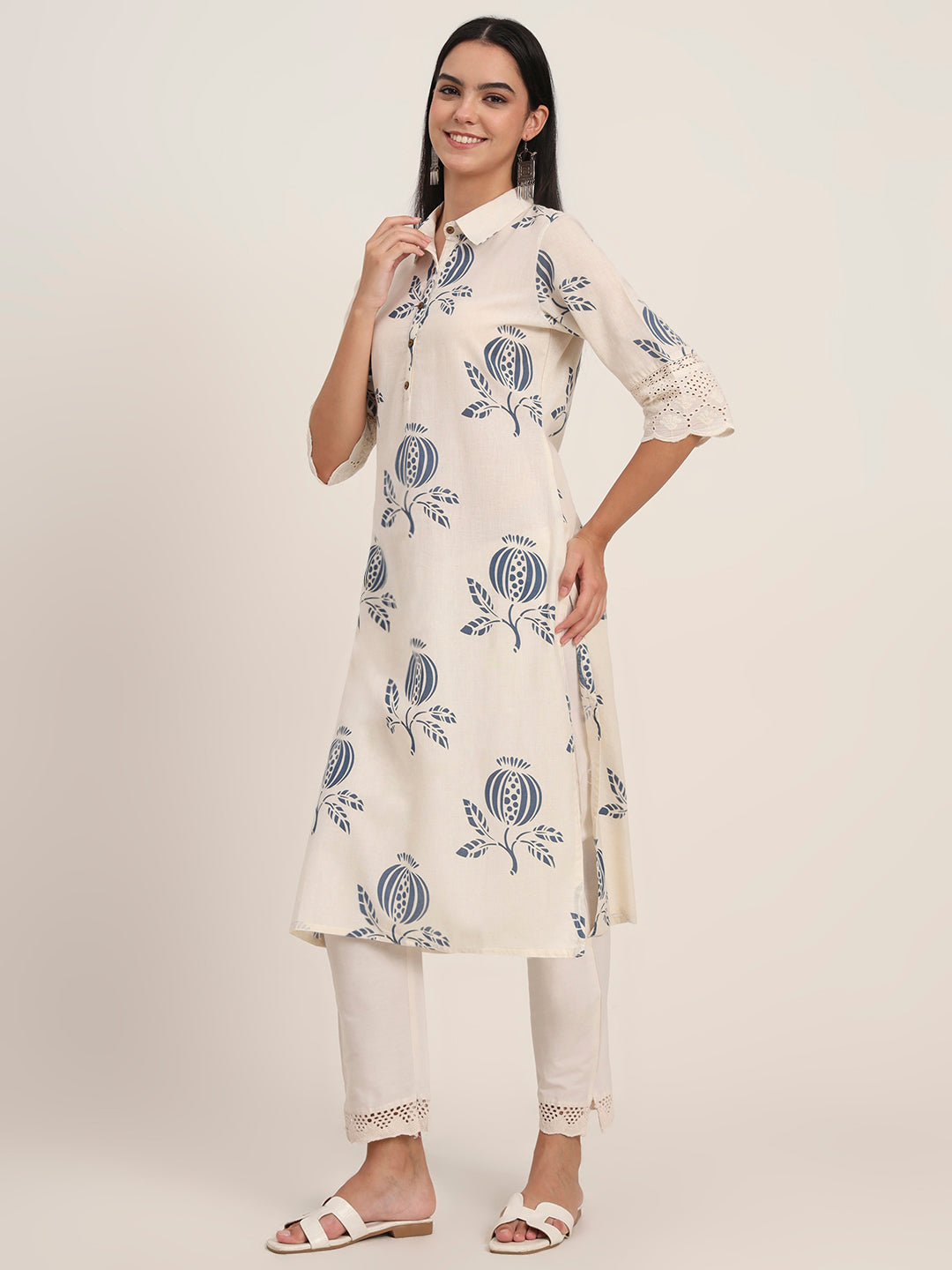Noe Velarro Off White Floral Cotton A-Line Kurta