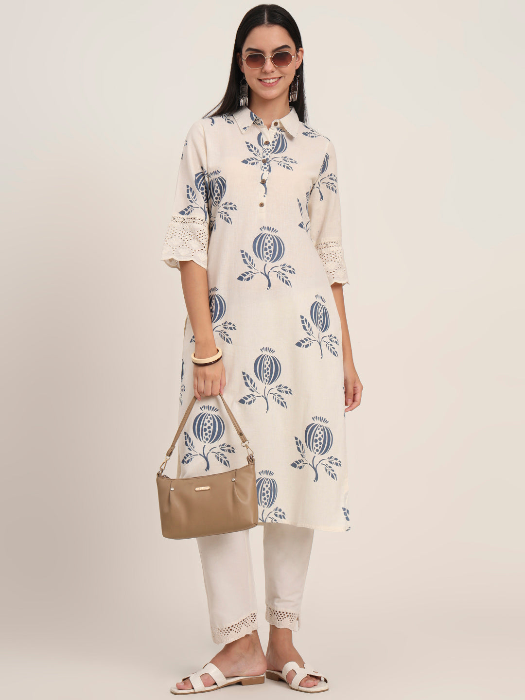 Noe Velarro Off White Floral Cotton A-Line Kurta