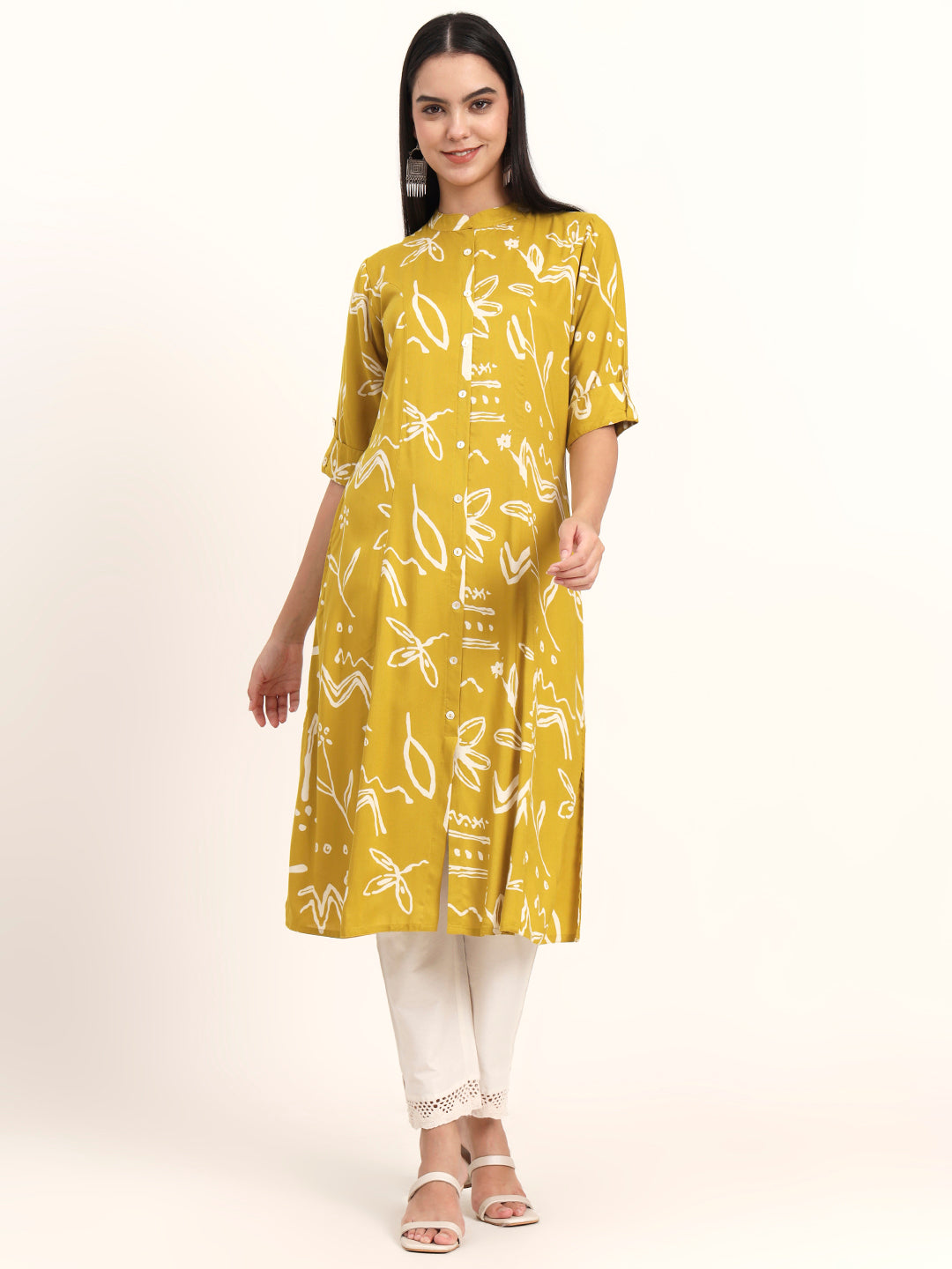 Noe Velarro Mustard Abstract Rayon A-Line Kurta