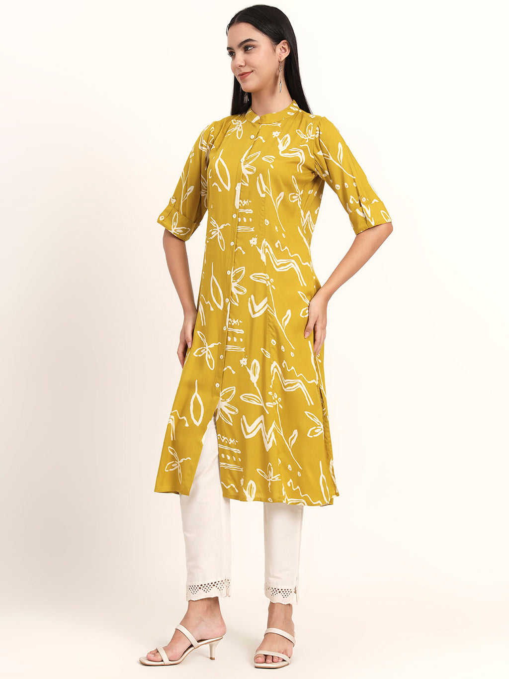 Noe Velarro Mustard Abstract Rayon A-Line Kurta