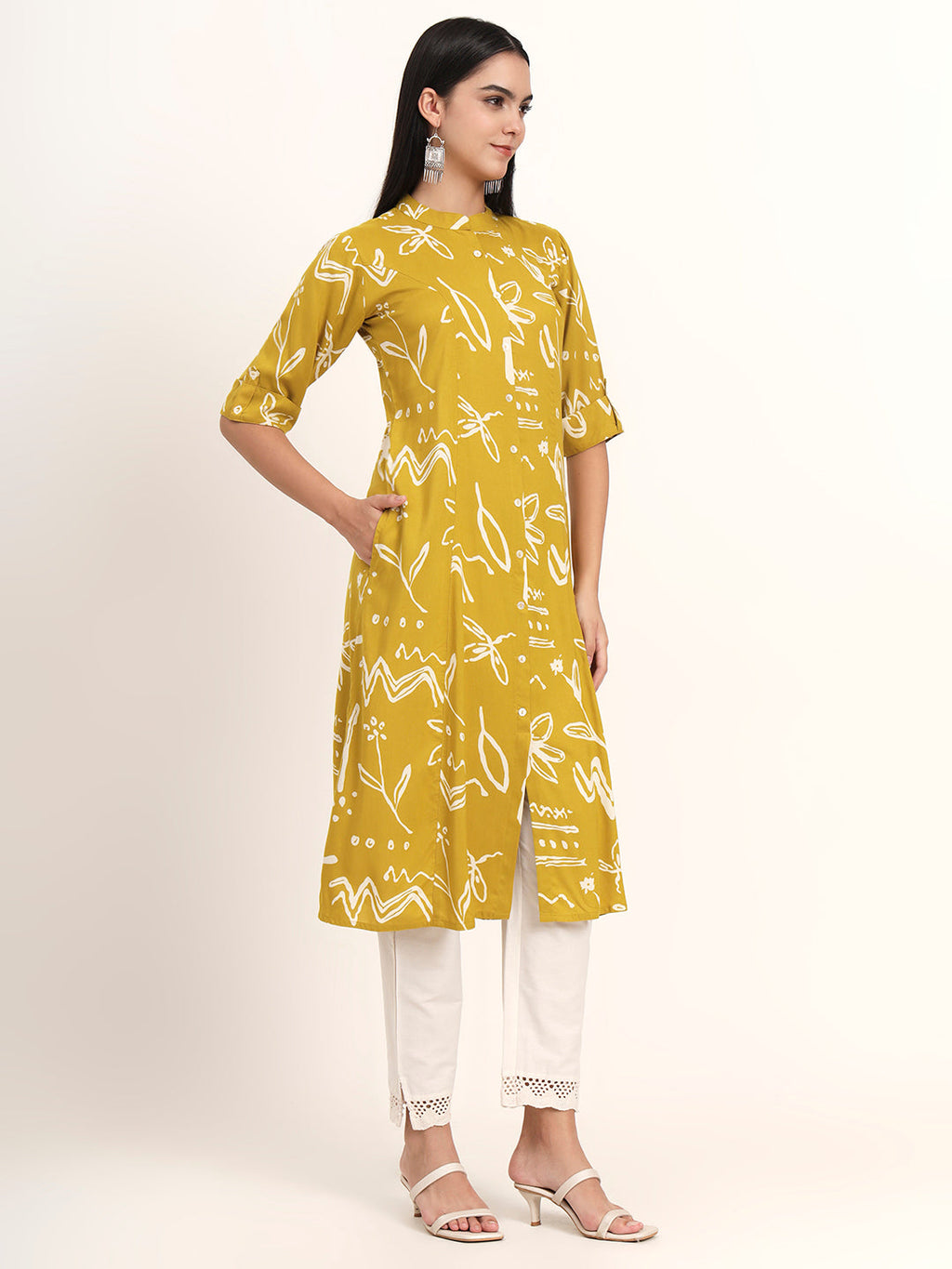 Noe Velarro Mustard Abstract Rayon A-Line Kurta
