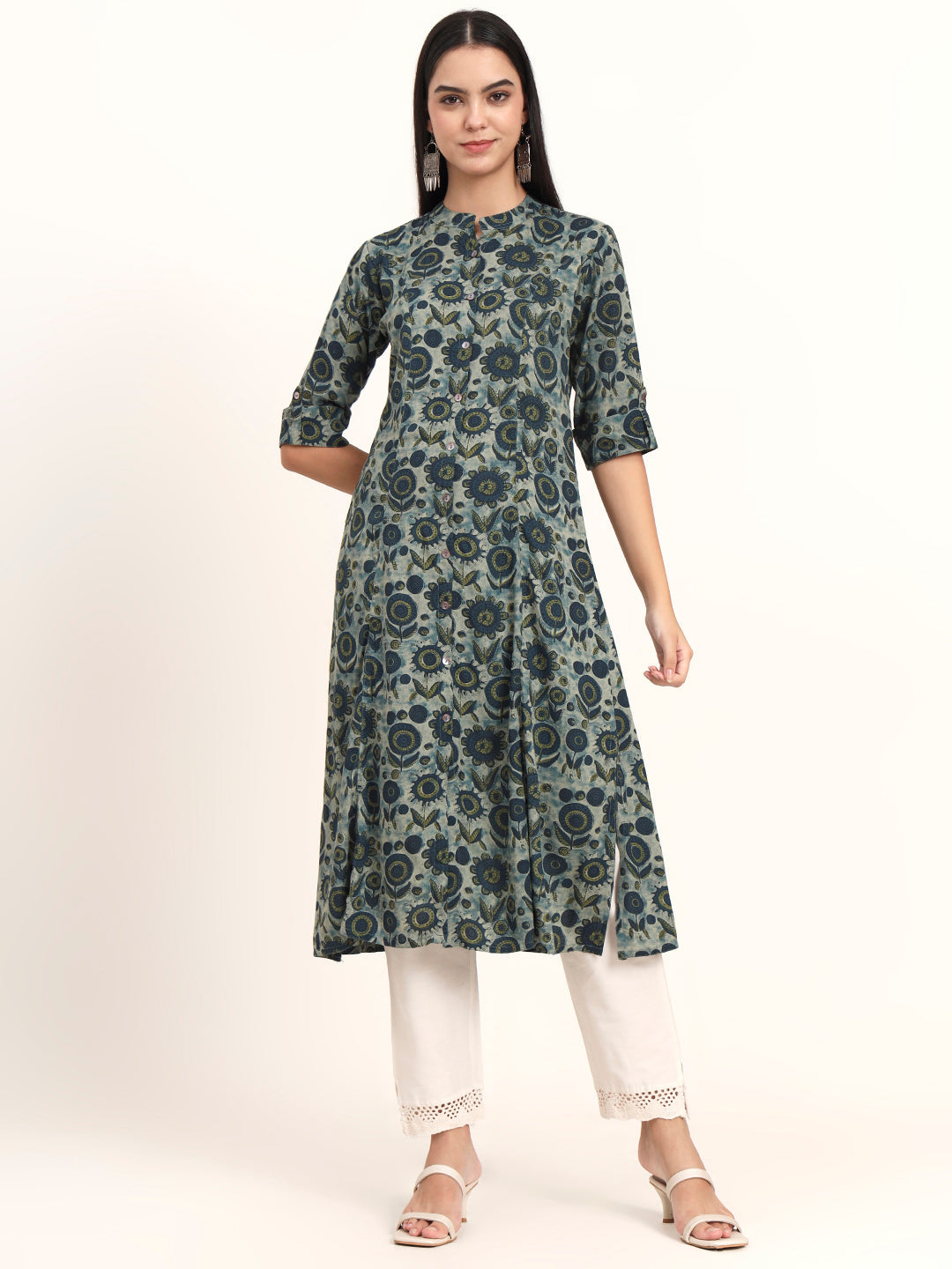 Noe Velarro Grey Floral Rayon A-Line Kurta
