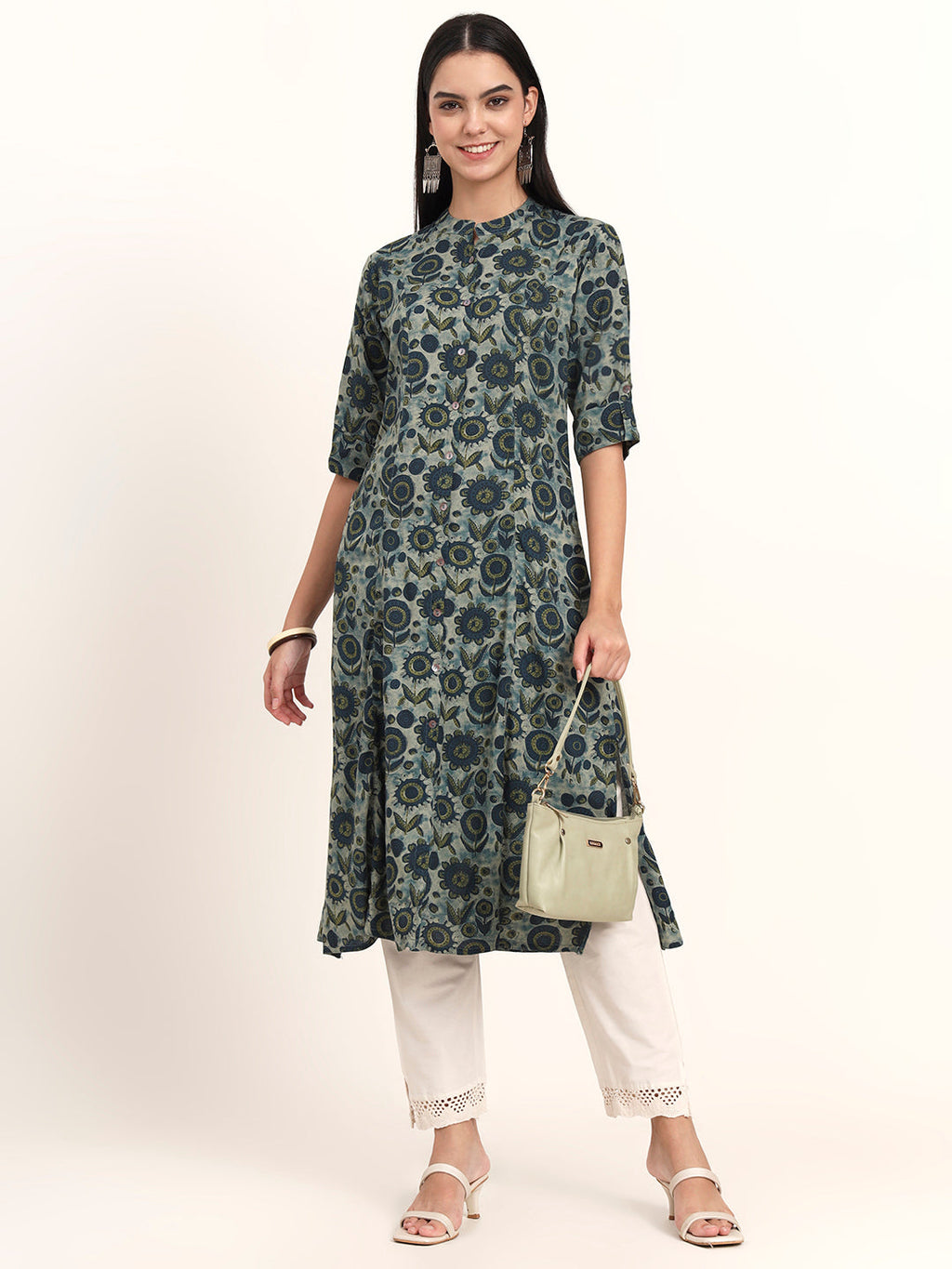 Noe Velarro Grey Floral Rayon A-Line Kurta