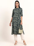 Noe Velarro Grey Floral Rayon A-Line Kurta