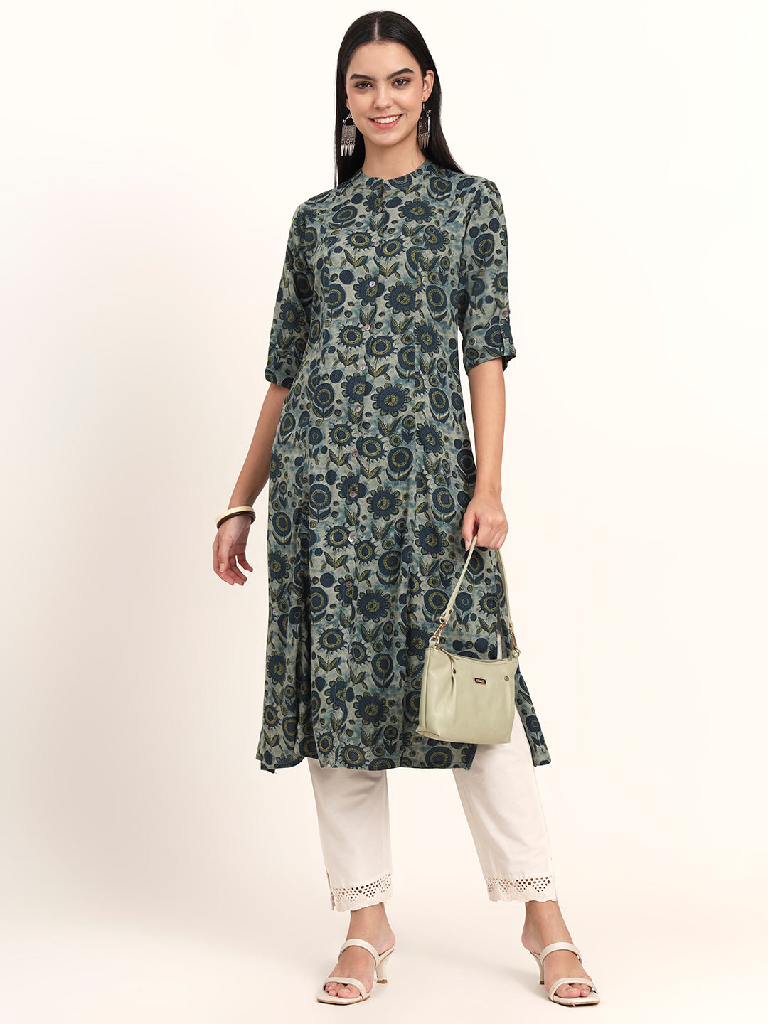 Noe Velarro Grey Floral Rayon A-Line Kurta
