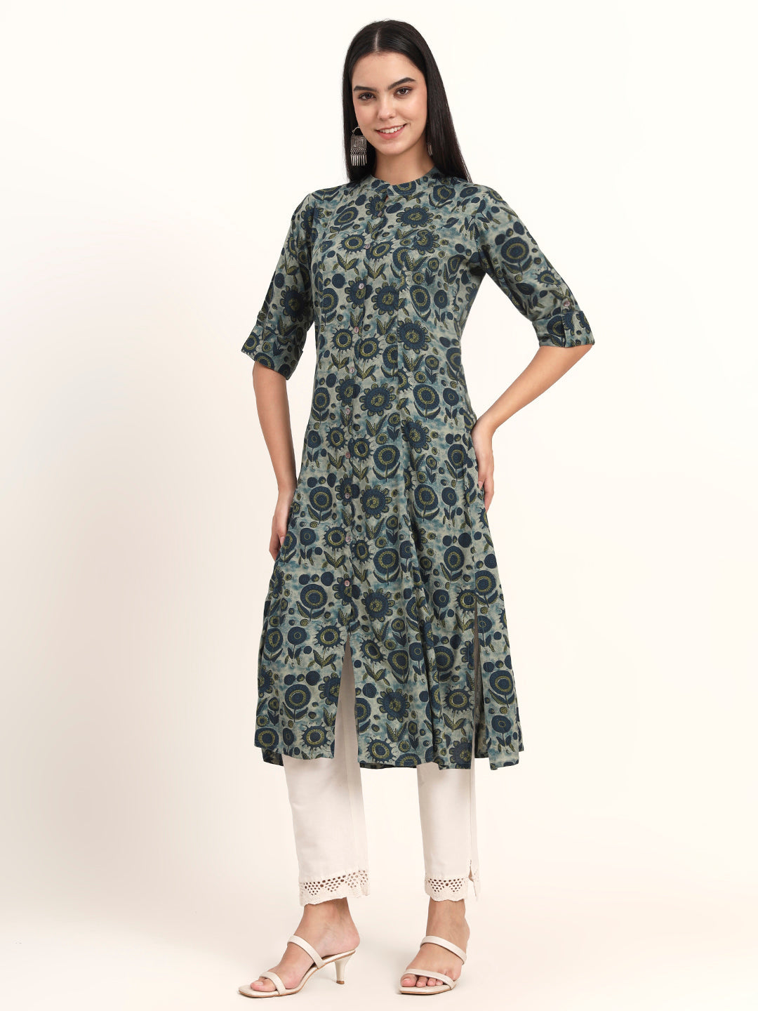 Noe Velarro Grey Floral Rayon A-Line Kurta