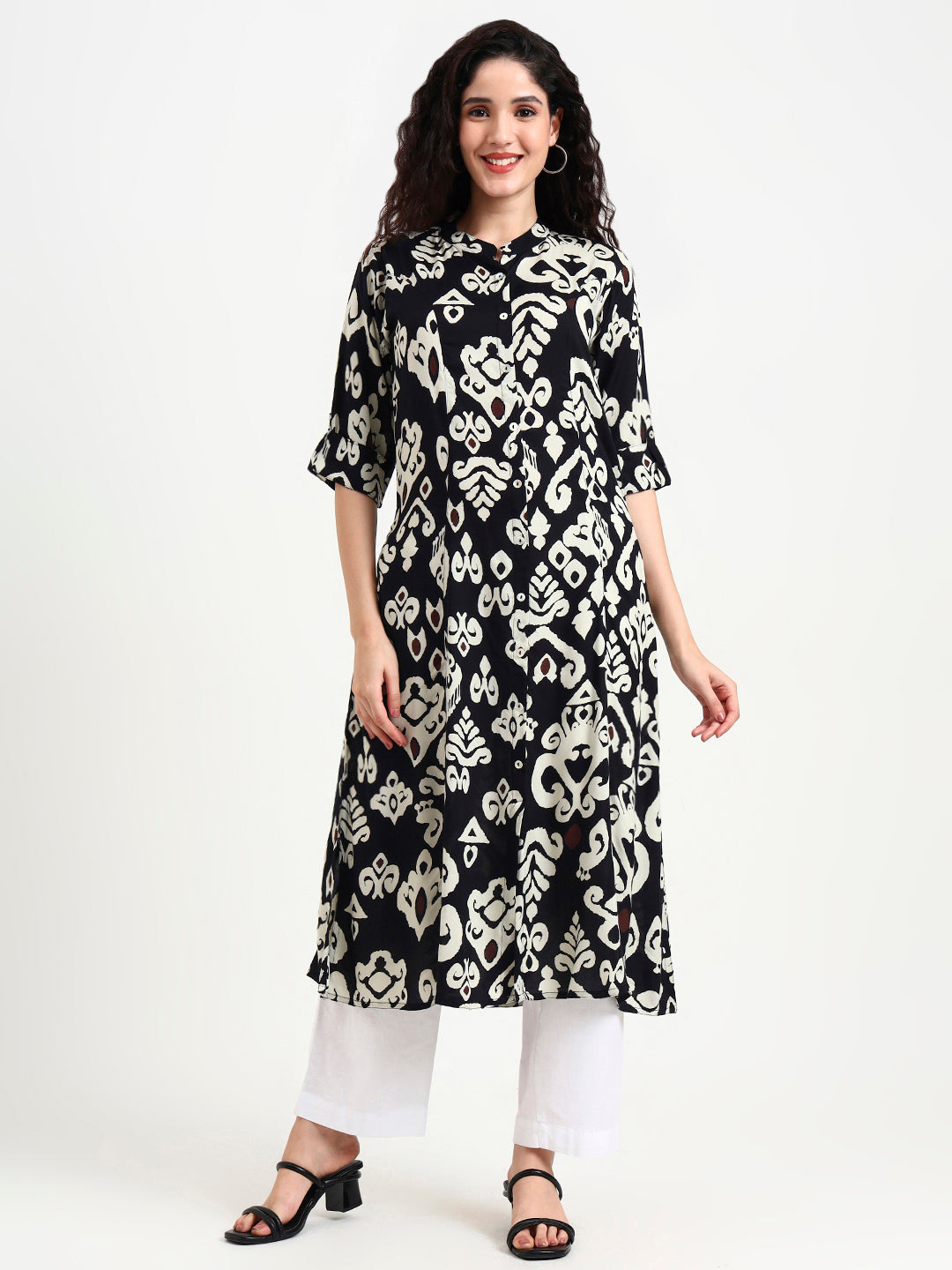 Noe Velarro Black Asymetric Print Rayon Kurta