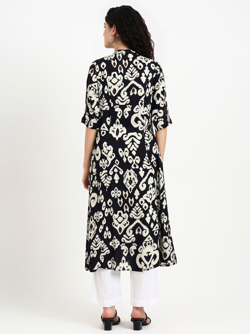 Noe Velarro Black Asymetric Print Rayon Kurta
