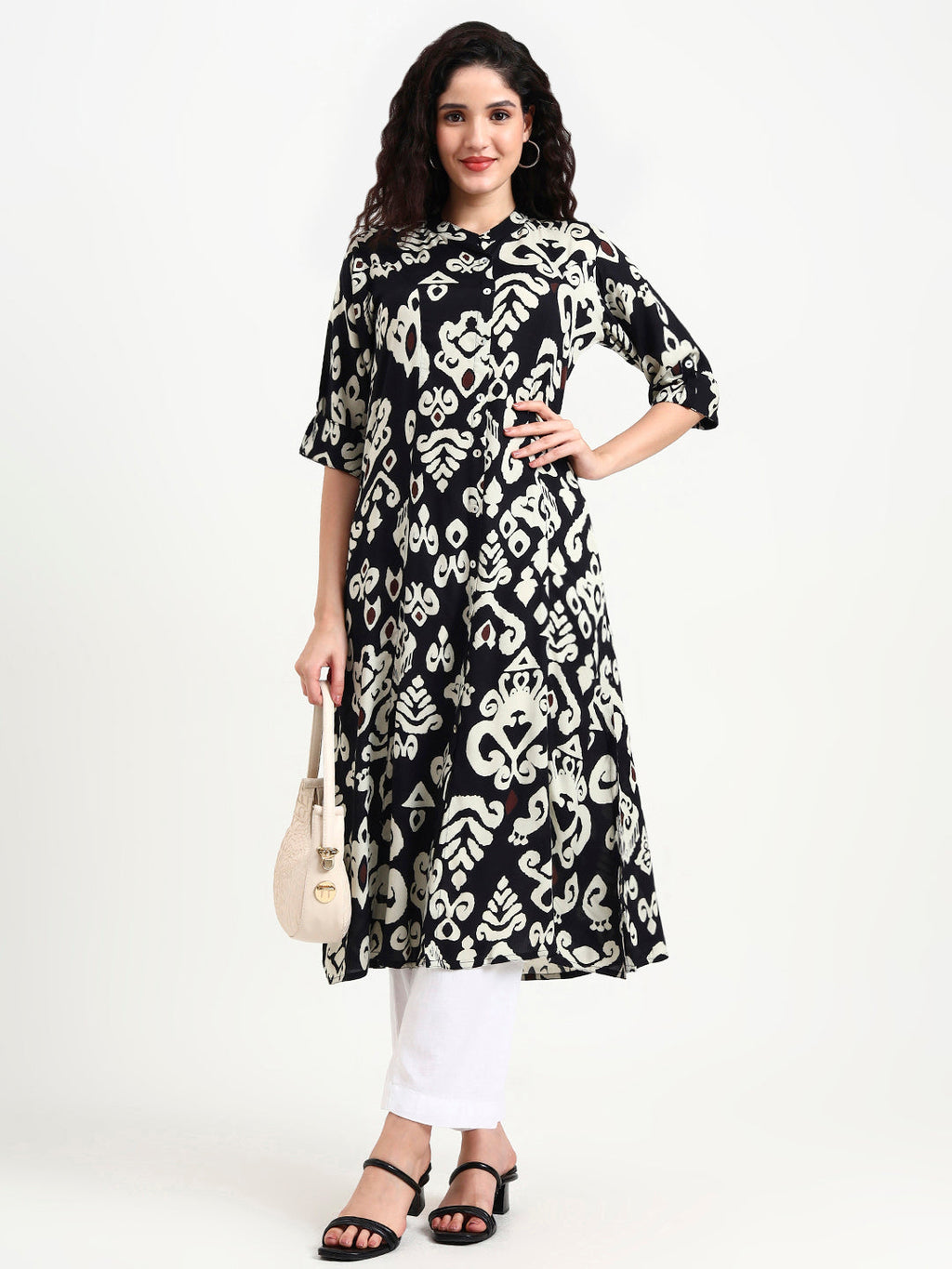Noe Velarro Black Asymetric Print Rayon Kurta