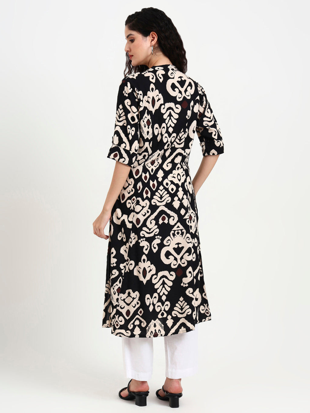 Noe Velarro Black Asymetric Print Rayon Kurta