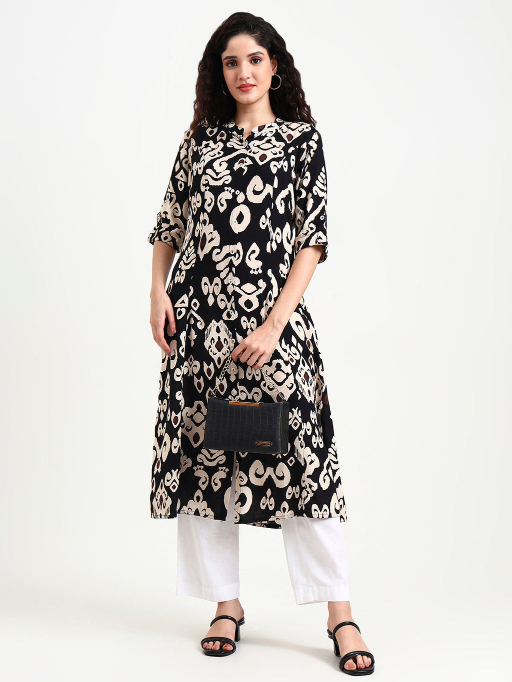 Noe Velarro Black Asymetric Print Rayon Kurta