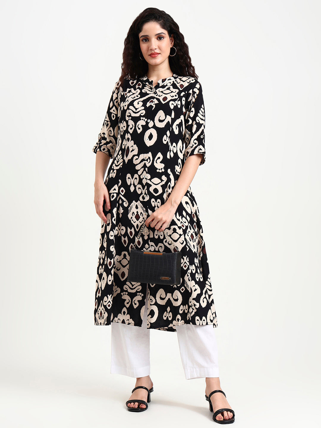 Noe Velarro Black Asymetric Print Rayon Kurta
