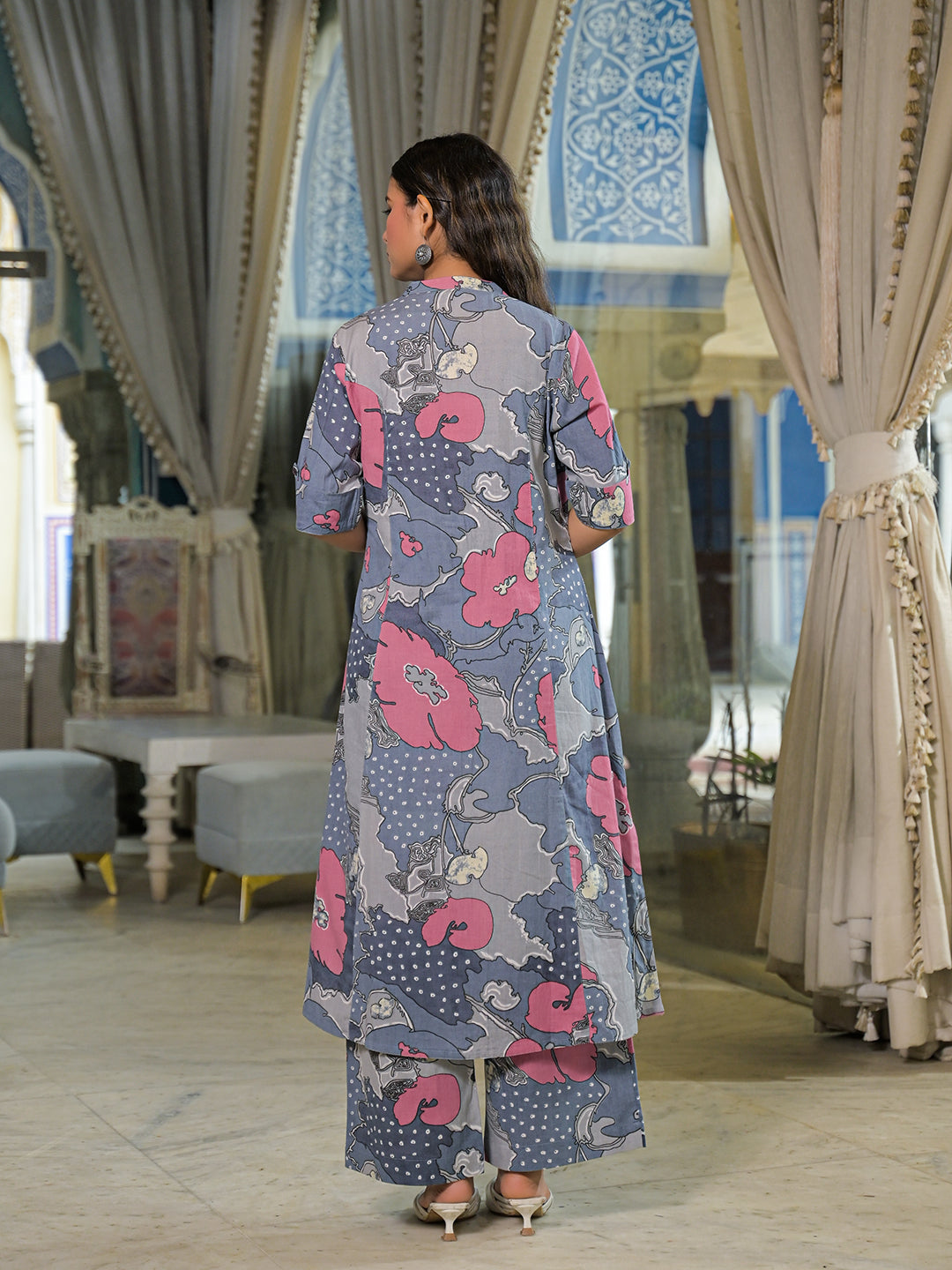Noe Velarro Grey Floral Print A-Line Cotton Kurta Pant Sets