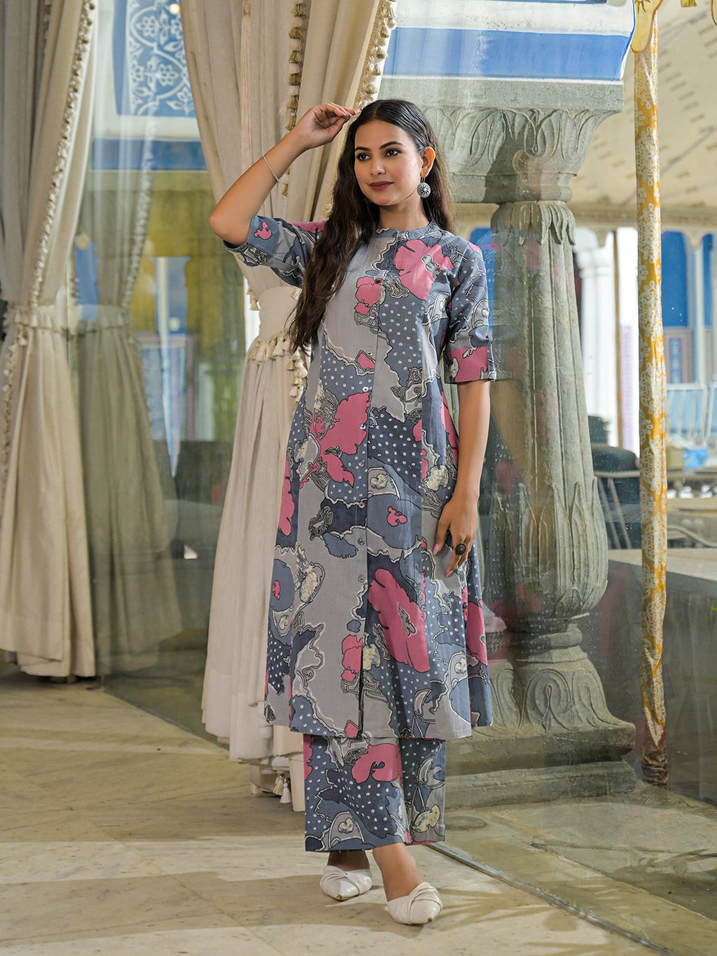Noe Velarro Grey Floral Print A-Line Cotton Kurta Pant Sets