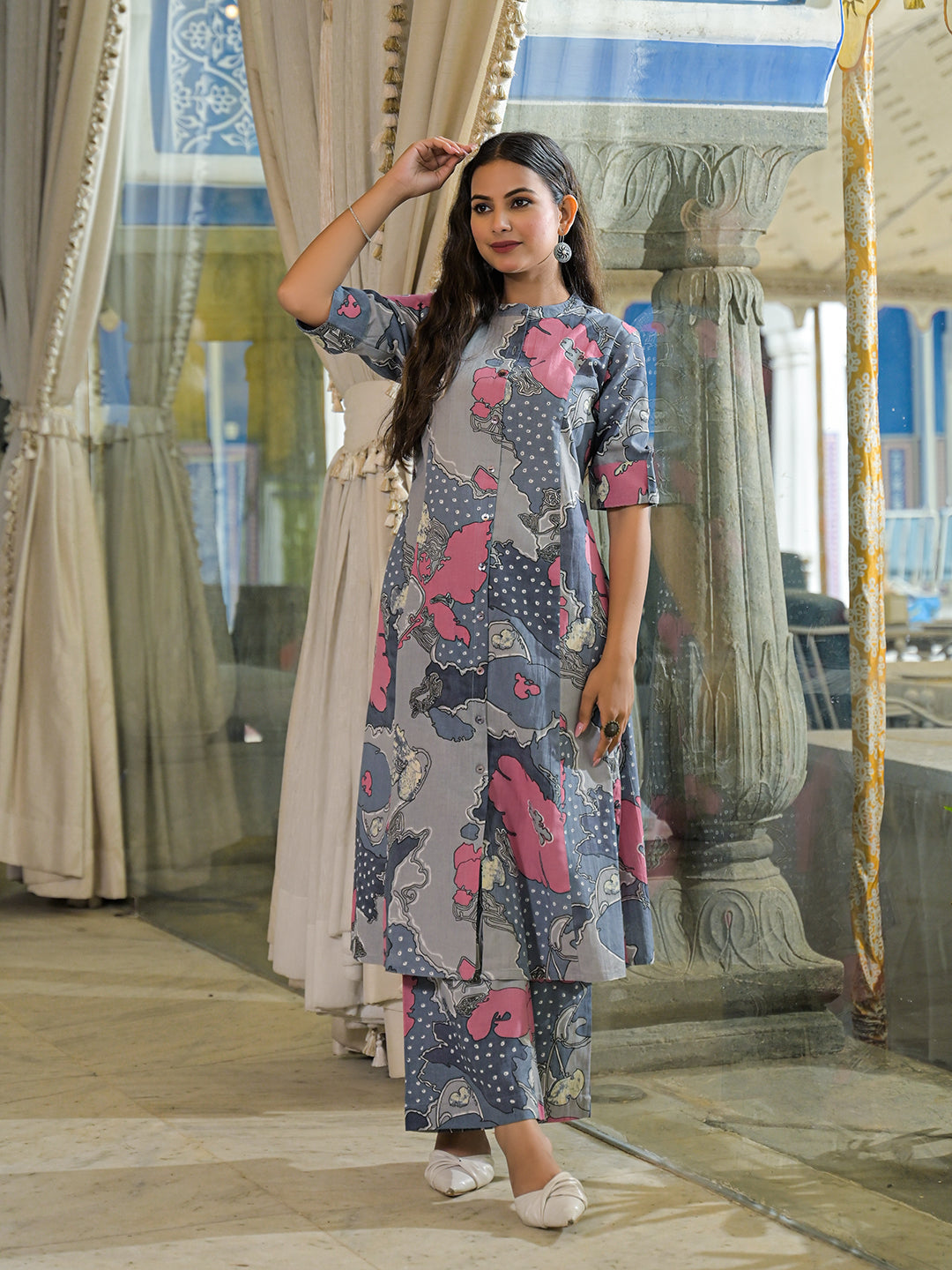 Noe Velarro Grey Floral Print A-Line Cotton Kurta Pant Sets